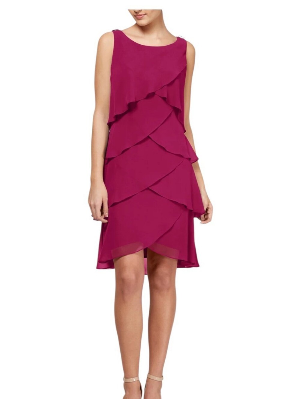 SLNY Raspberry Layered Ruffle Chiffon Sleeveless Dress